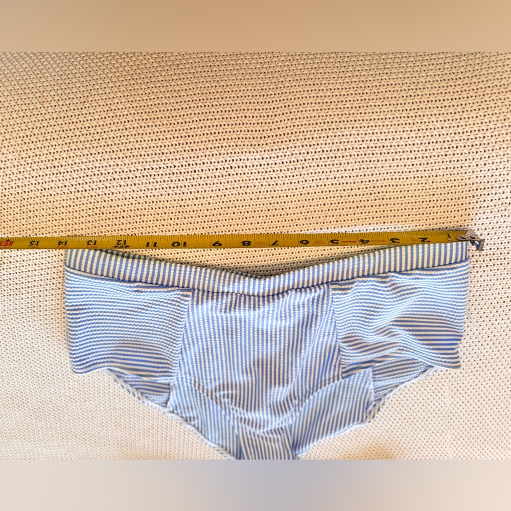 Seersucker Ruffle Bandeau Blue & White Striped Bikini Swimsuit - Picture 9 of 13